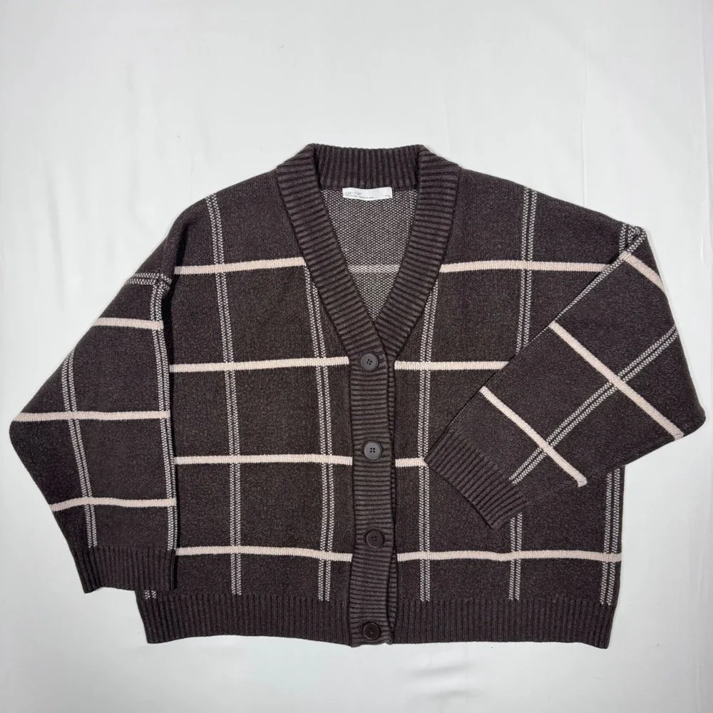 OAK + FORT Plaid Cardigan Brown Oversized M Dark Academia Minimalist Fall Office - Picture 4 of 10